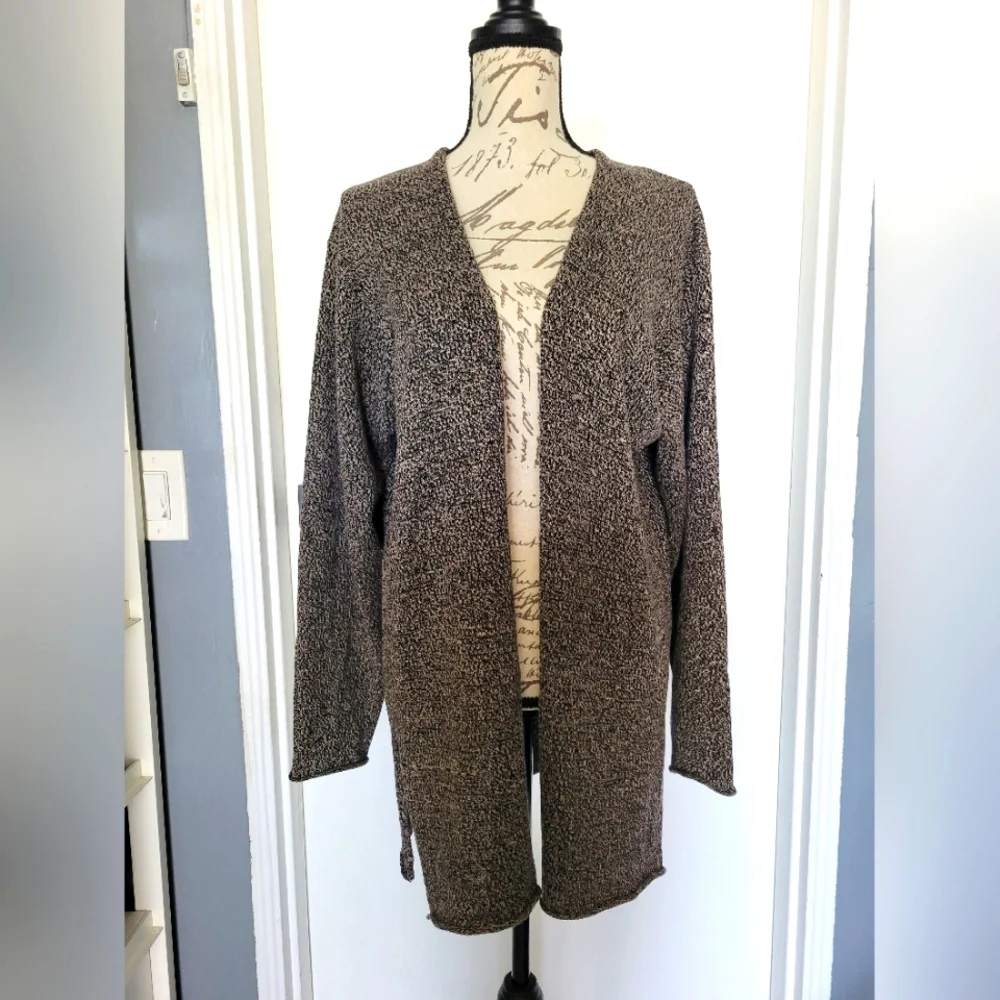 Eileen Fisher Linen‎ and Wool Salt&Pepper Open Front Cardigan Size L